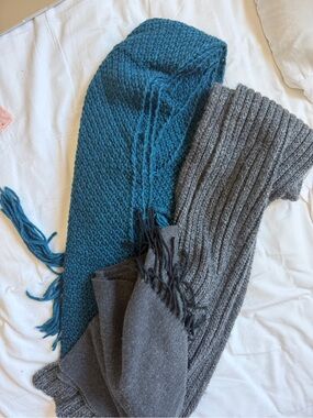 Teal and Gray Knit scarves blue bundle for winter cozy  3 pieces